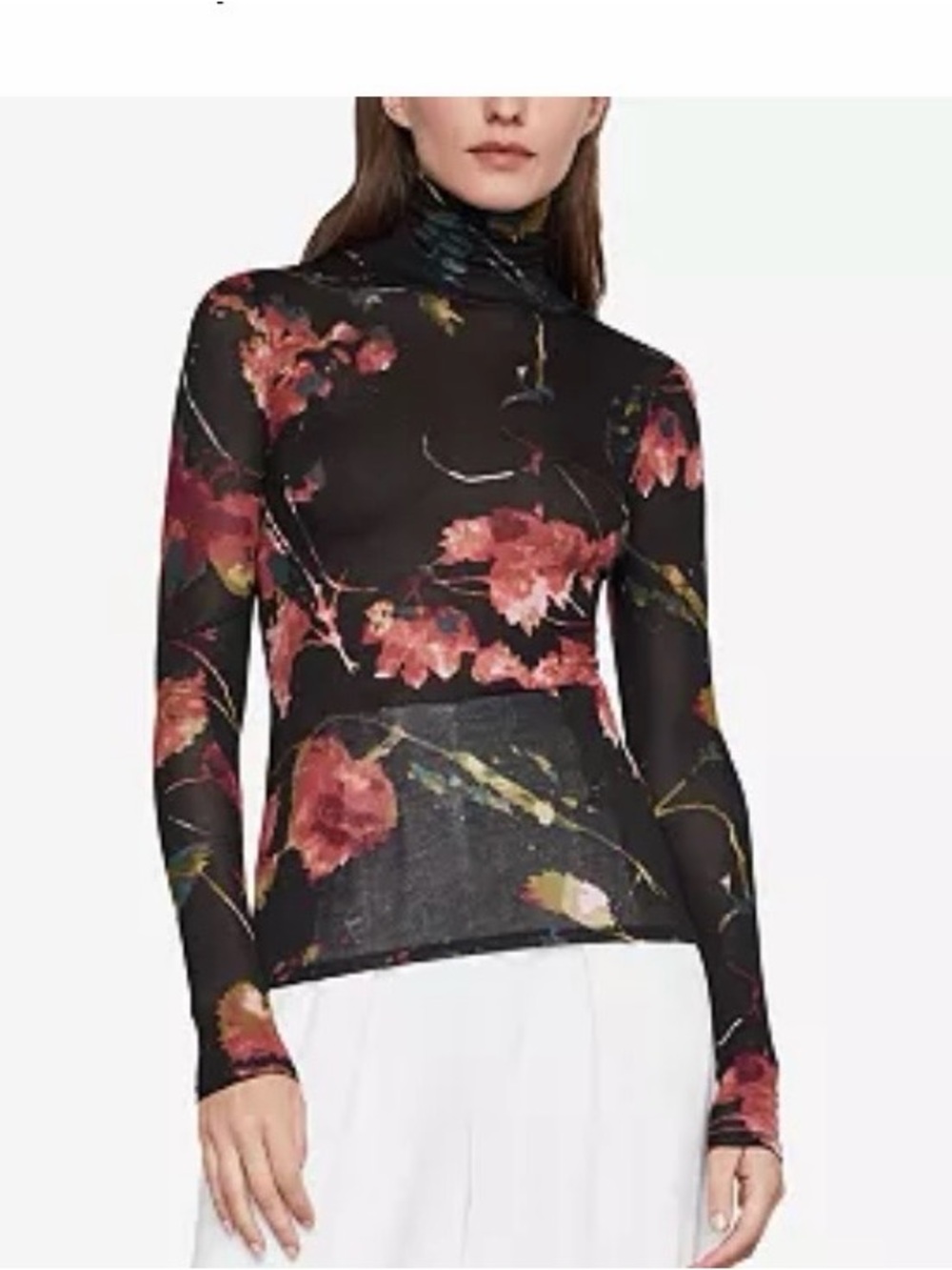 BCBGMaxAzria Black Floral Sheer Turtleneck Top